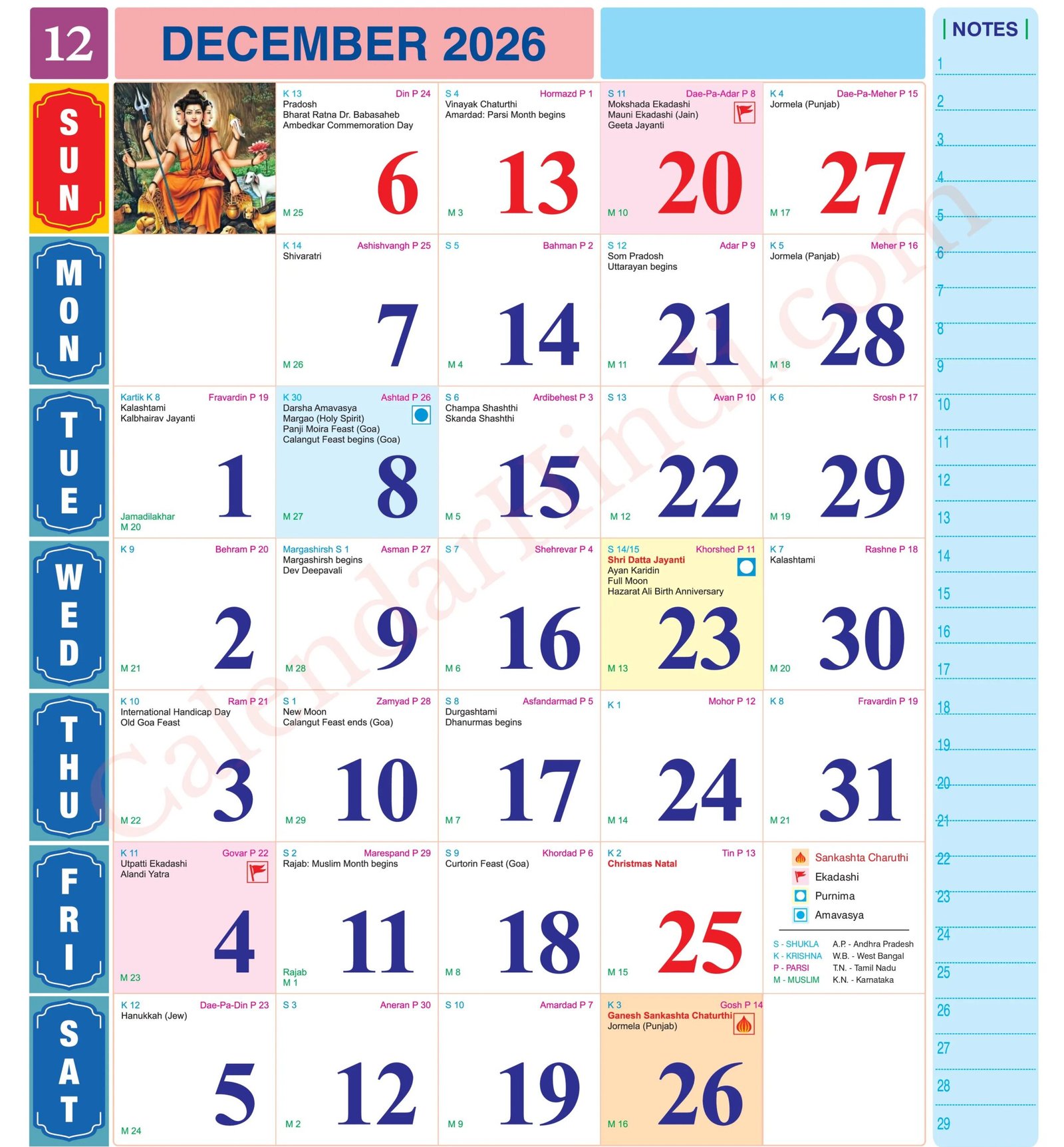 December 2026 Tithi Calendar