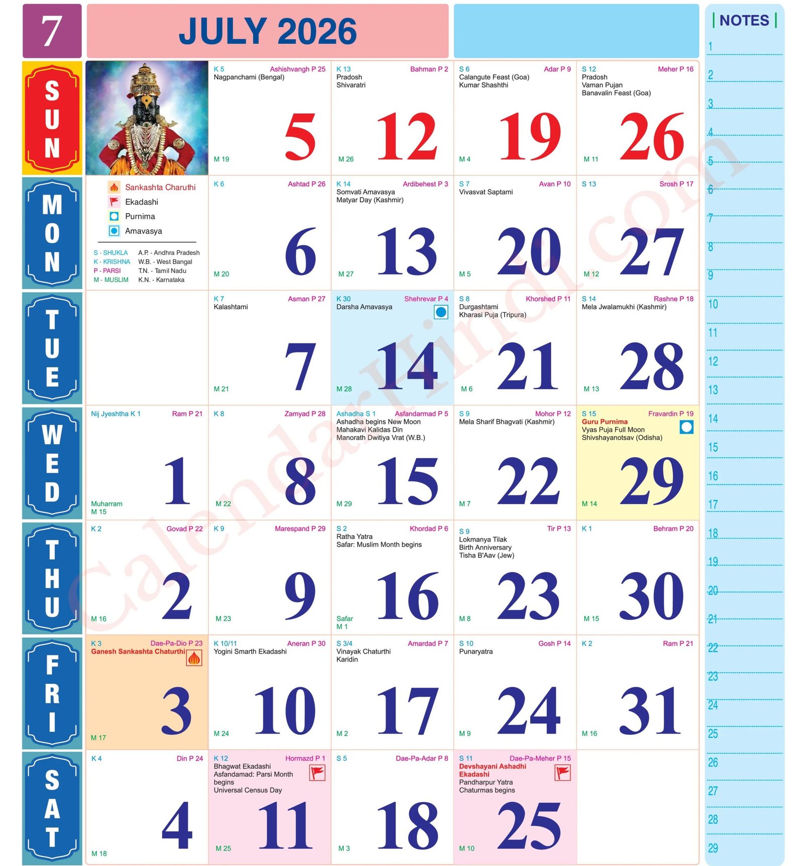 July 2026 Tithi Calendar
