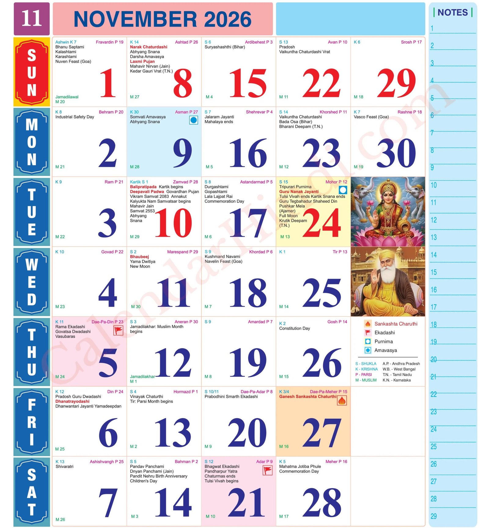 November 2026 Tithi Calendar